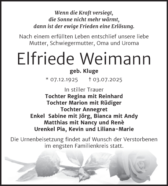 Traueranzeige von Elfriede Weimann von Trauerkombi Wittenberg