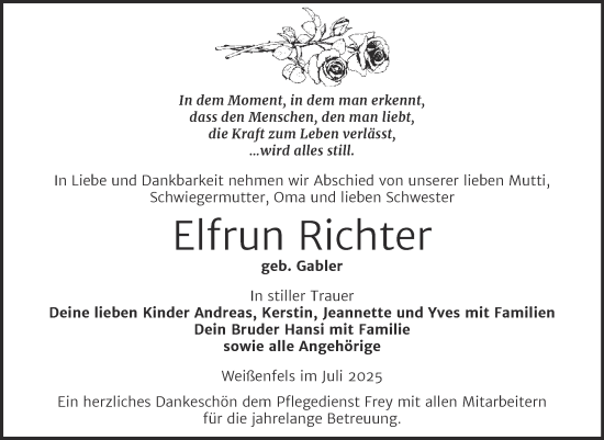 Traueranzeige von Elfrun Richter von Trauerkombi Weißenfels
