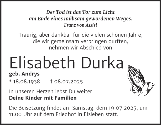 Traueranzeige von Elisabeth Durka von Mitteldeutsche Zeitung Mansfelder Land