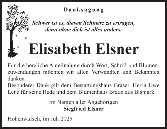 Traueranzeige von Elisabeth  Elsner von Volksstimme Altmark Ost