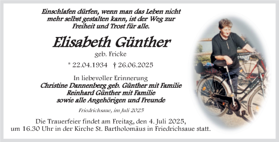 Traueranzeige von Elisabeth Günther von Trauerkombi Aschersleben