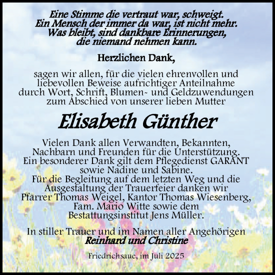 Traueranzeige von Elisabeth Günther von Trauerkombi Aschersleben