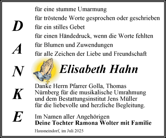 Traueranzeige von Elisabeth Hahn von Trauerkombi Quedlinburg