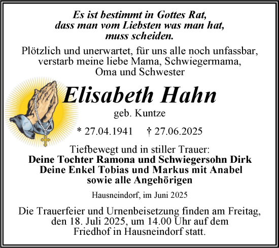 Traueranzeige von Elisabeth Hahn von Trauerkombi Quedlinburg