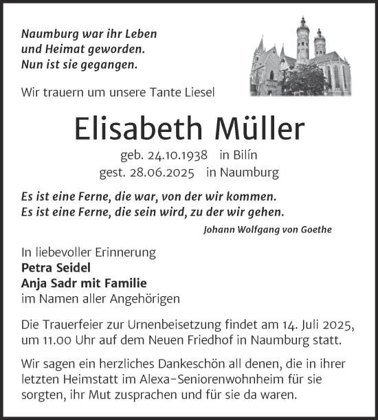 Traueranzeige von Elisabeth Müller von Naumburger Tageblatt