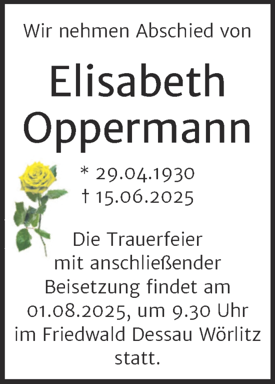 Traueranzeige von Elisabeth Oppermann von Trauerkombi Dessau