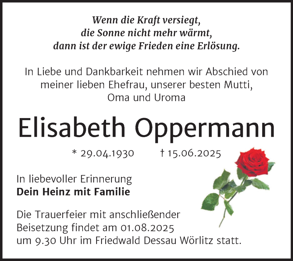  Traueranzeige für Elisabeth Oppermann vom 05.07.2025 aus Trauerkombi Dessau