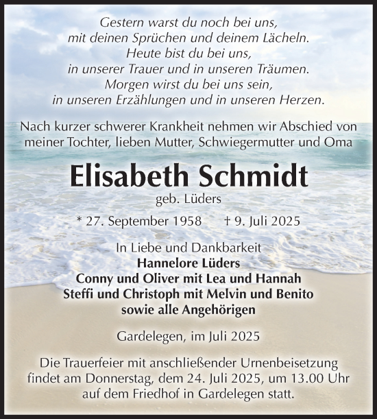 Traueranzeige von Elisabeth Schmidt von Volksstimme Altmark West