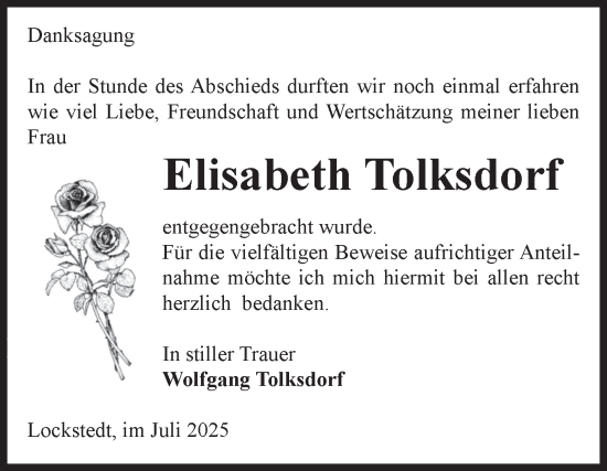 Traueranzeige von Elisabeth Tolksdorf von Volksstimme Haldensleben/Wolmirstedt