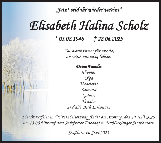 Traueranzeige von Elisabeth Halina Scholz von Volksstimme Staßfurt