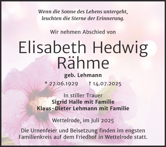 Traueranzeige von Elisabeth Hedwig Rähme von Trauerkombi Sangerhausen