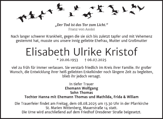 Traueranzeige von Elisabeth Ulrike Kristof von Trauerkombi Wittenberg