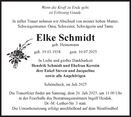 Traueranzeige von Elke Schmidt von Volksstimme Schönebeck