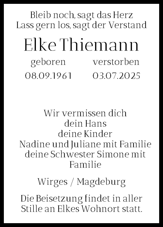 Traueranzeige von Elke Thiemann von Volksstimme Magdeburg