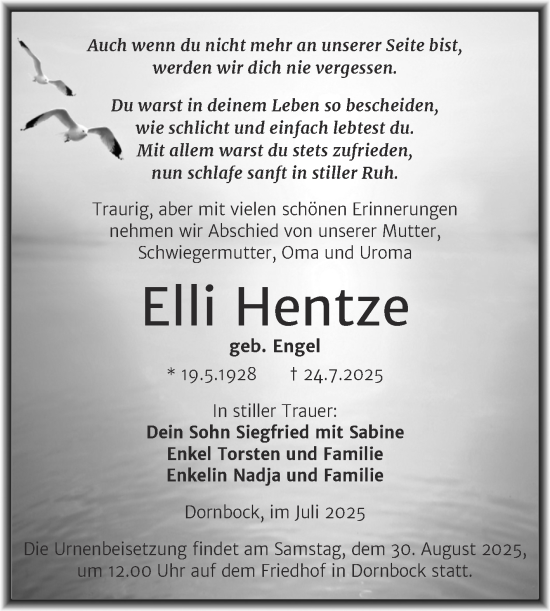 Traueranzeige von Elli Hentze von Trauerkombi Köthen