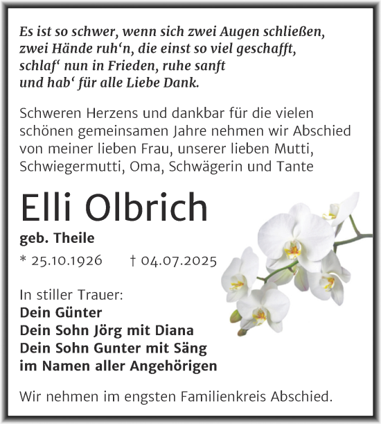 Traueranzeige von Elli Olbrich von Trauerkombi Weißenfels