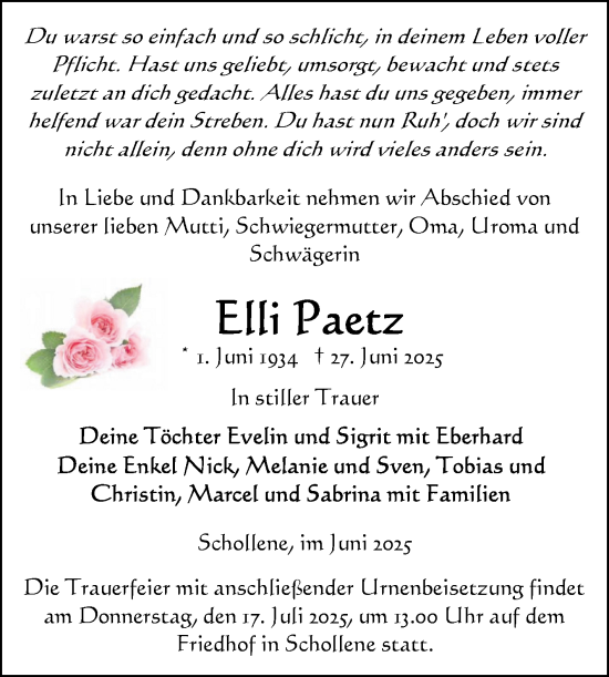 Traueranzeige von Elli Paetz von Volksstimme Altmark Ost