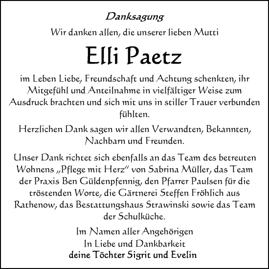 Traueranzeige von Elli Paetz von Volksstimme Altmark Ost