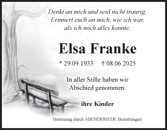 Traueranzeige von Elsa Franke von Volksstimme Haldensleben/Wolmirstedt