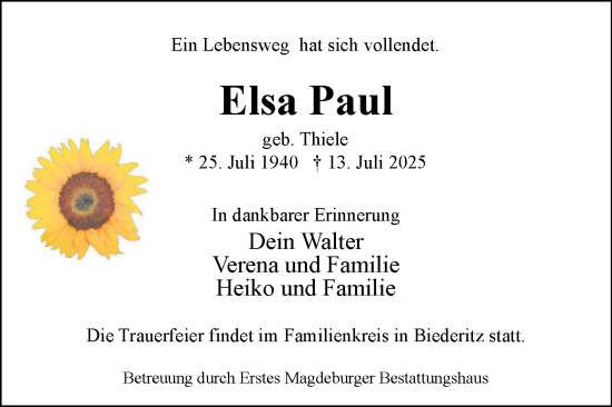 Traueranzeige von Elsa Paul von Volksstimme Haldensleben/Wolmirstedt