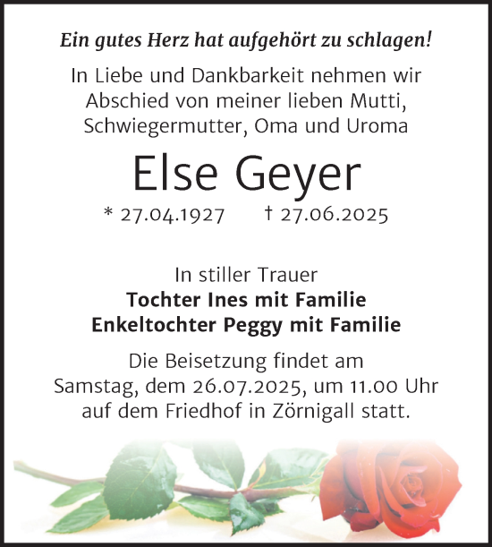 Traueranzeige von Else Geyer von Trauerkombi Wittenberg