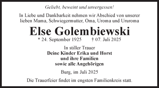 Traueranzeige von Else Golembiewski von Volksstimme Burg/Genthin