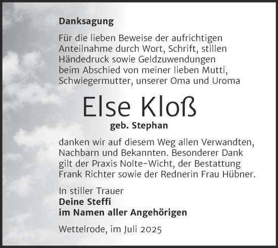Traueranzeige von Else Kloß von Trauerkombi Sangerhausen