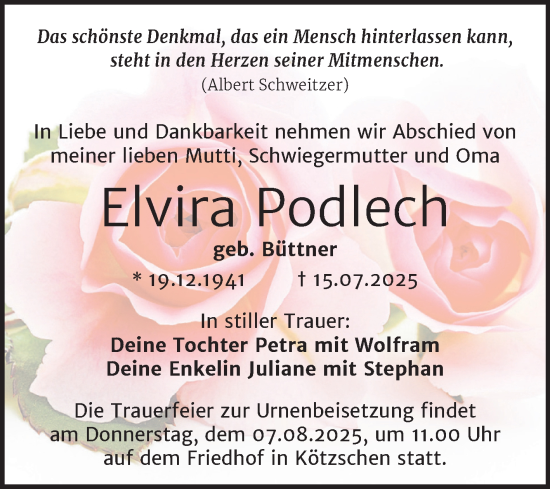 Traueranzeige von Elvira Podlech von Trauerkombi Merseburg