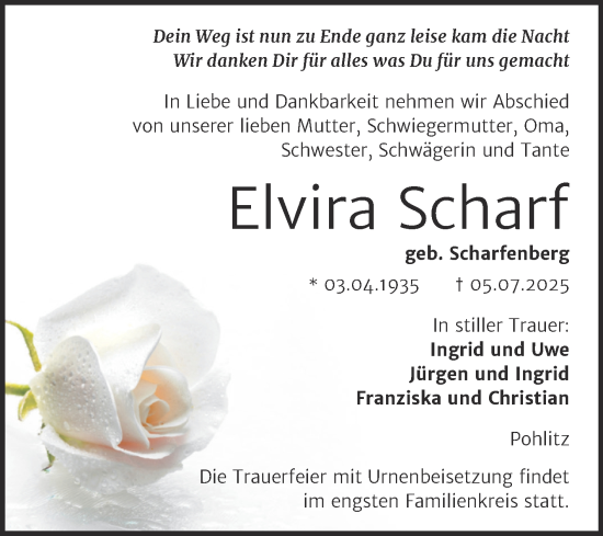Traueranzeige von Elvira Scharf von Super Sonntag Naumburg/Nebra