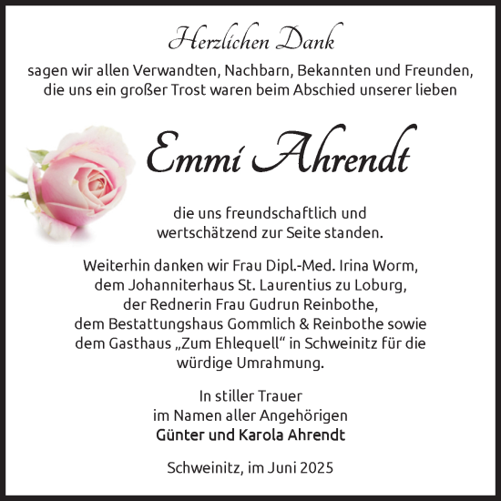 Traueranzeige von Emmi Ahrendt von Volksstimme Zerbst