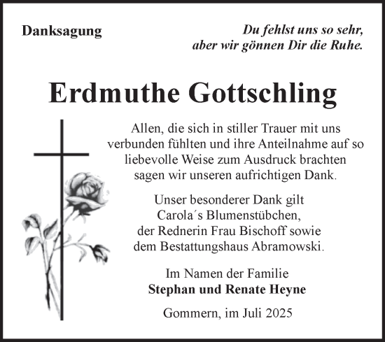 Traueranzeige von Erdmuthe Gottschling von Volksstimme Burg/Genthin