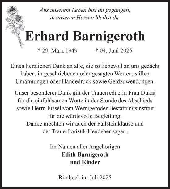 Traueranzeige von Erhard Barnigeroth von Volksstimme Halberstadt