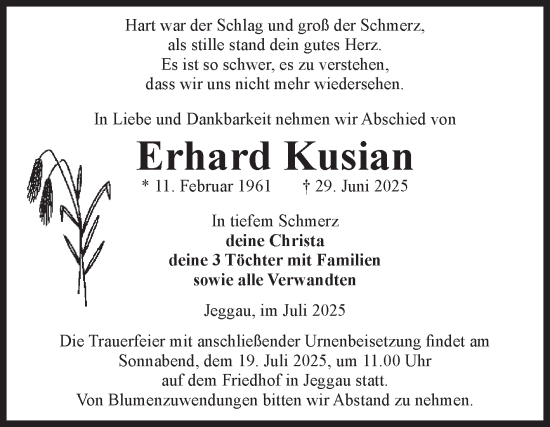 Traueranzeige von Erhard Kusian von Volksstimme Altmark West