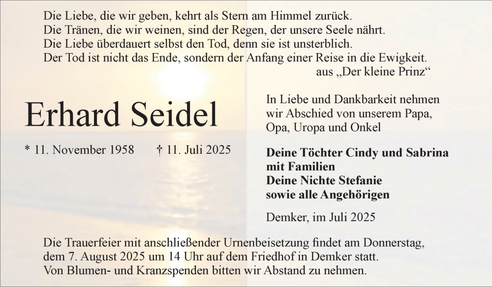  Traueranzeige für Erhard Seidel vom 19.07.2025 aus Volksstimme Altmark Ost