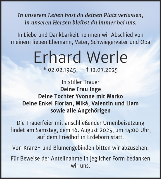 Traueranzeige von Erhard Werle von Trauerkombi Mansfelder Land