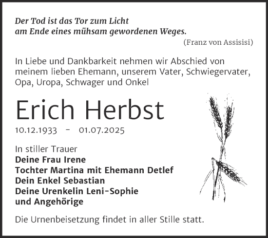 Traueranzeige von Erich Herbst von Trauerkombi Bitterfeld