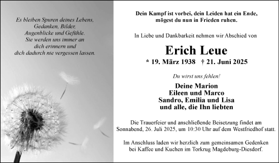 Traueranzeige von Erich Leue von Volksstimme Magdeburg