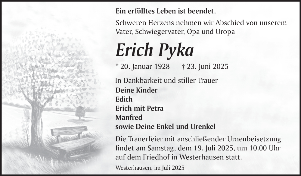  Traueranzeige für Erich Pyka vom 12.07.2025 aus Trauerkombi Quedlinburg