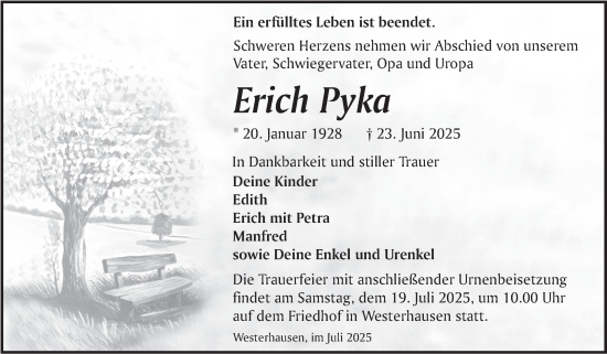 Traueranzeige von Erich Pyka von Trauerkombi Quedlinburg