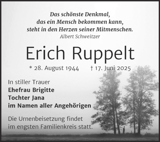 Traueranzeige von Erich Ruppelt von Trauerkombi Zeitz