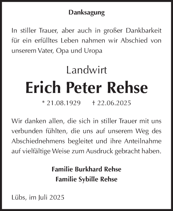 Traueranzeige von Erich Peter Rehse von Volksstimme Zerbst