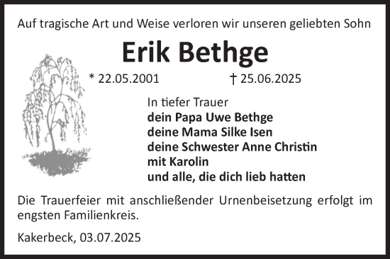 Traueranzeige von Erik Bethge von Volksstimme Altmark West