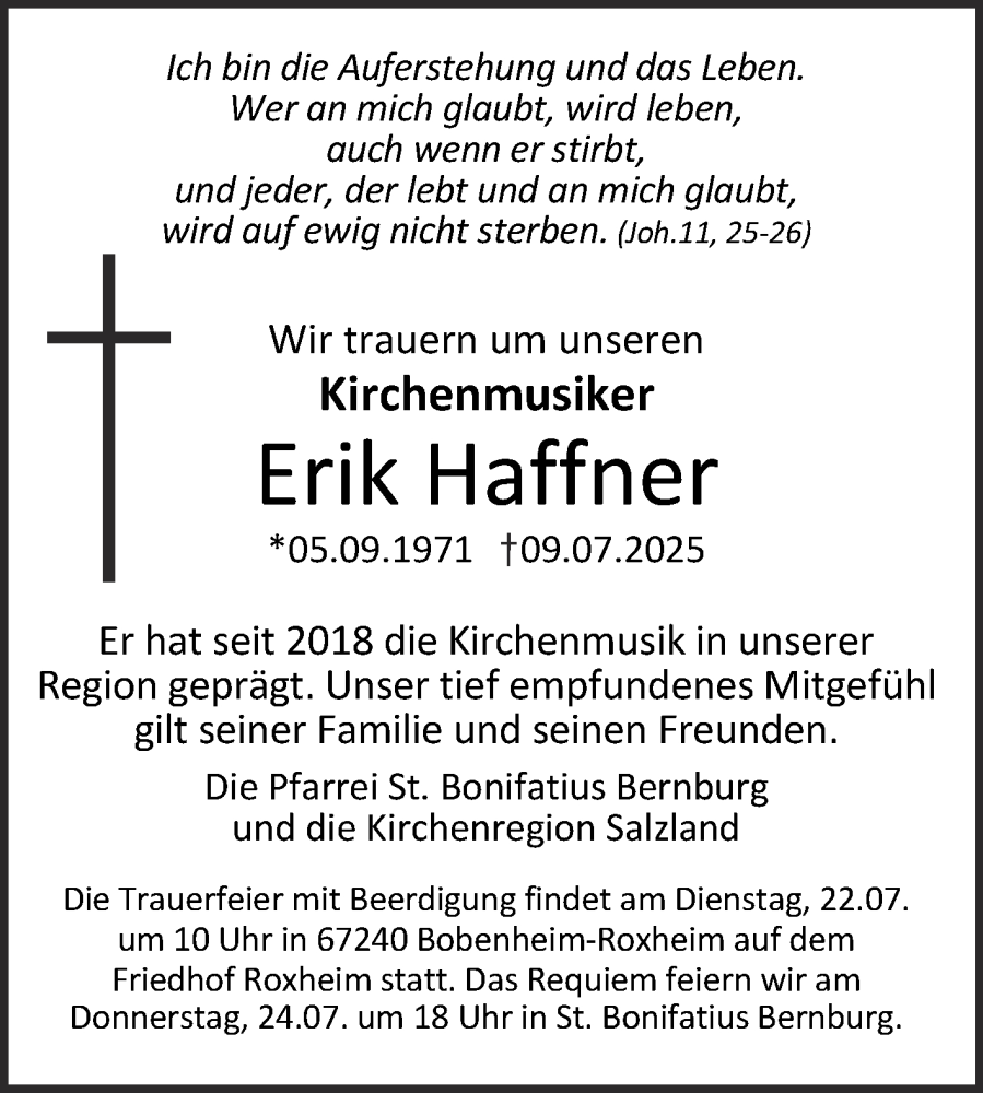  Traueranzeige für Erik Haffner vom 19.07.2025 aus Mitteldeutsche Zeitung Bernburg