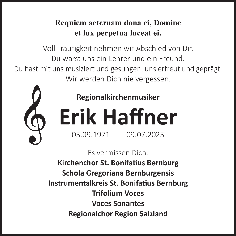  Traueranzeige für Erik Haffner vom 26.07.2025 aus Super Sonntag Bernburg