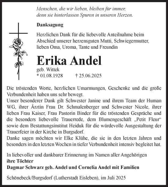 Traueranzeige von Erika Andel von Mitteldeutsche Zeitung Mansfelder Land