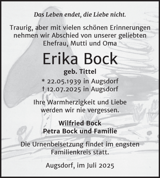 Traueranzeige von Erika Bock von Trauerkombi Mansfelder Land
