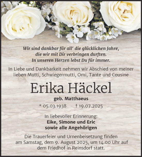 Traueranzeige von Erika Häckel von Trauerkombi Köthen