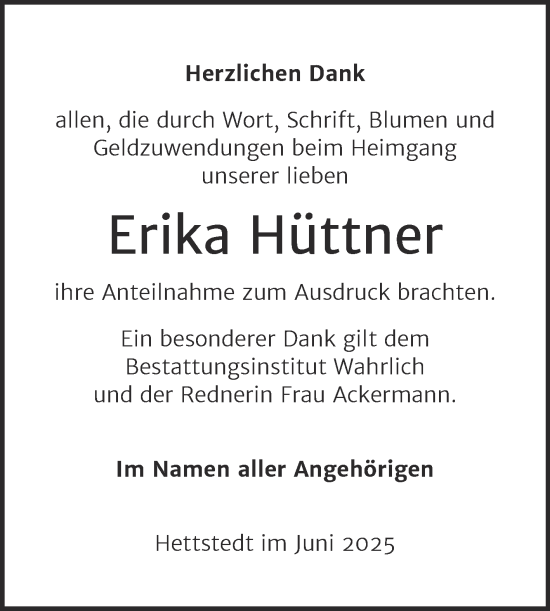Traueranzeige von Erika Hüttner von Trauerkombi Mansfelder Land