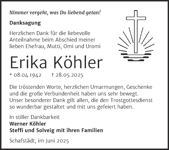Traueranzeige von Erika Köhler von Trauerkombi Merseburg