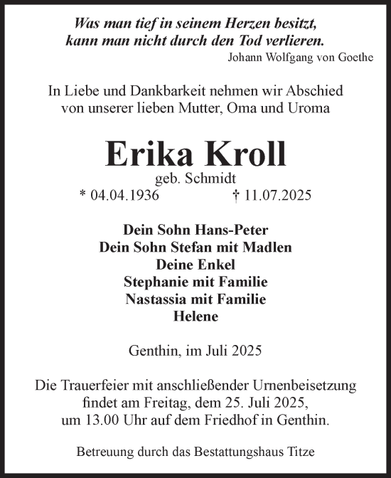 Traueranzeige von Erika Kroll von Volksstimme Burg/Genthin